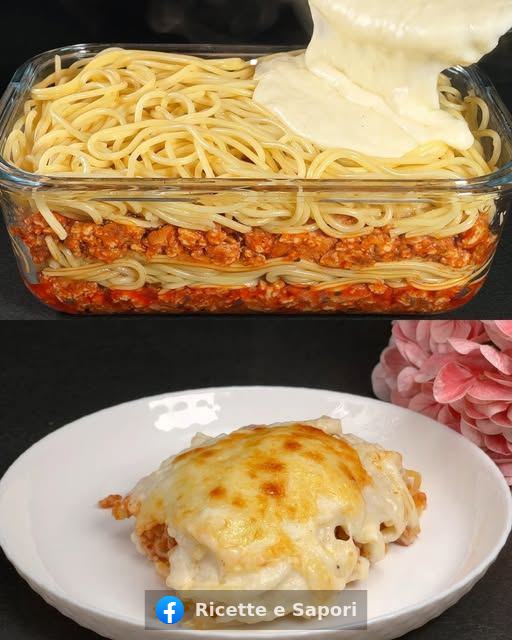 Spaghetti al forno con carne macinata e pancetta