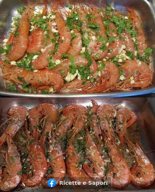 I gamberoni al forno sono un secondo piatto fresco e leggero perfetto da fare quando avete voglia di pesce ma non volete spendere tanto tempo in cucina. La ricetta è davvero molto semplice, basta soltanto un piccolo accorgimento per la perfetta riuscita della ricetta.  Vi consiglio di usare dei gamberoni freschi ma vanno bene anche quelli surgelati. Ingredienti: 15 gamberoni 2 limoni 2 spicchi di aglio (facoltativo) 1 ciuffo di prezzemolo 60 ml di olio extravergine d’oliva Sale fino Pepe Preparazione:  vedere il seguito alla pagina successiva      Pulite i gamberoni: staccate le zampette ed eliminate il carapace (facoltativo), non eliminate ne testa ne coda. Togliete l’intestino incidendo il dorso del gambero con un coltellino ed eliminate il filamento scuro tirandolo delicatamente. Lavate un ciuffo di prezzemolo e tritatelo, spremete il succo dei limoni , filtratelo e mettete gli ingredienti in una tazza. Aggiungete (l’aglio tritato) l’olio poi pepate e salate; emulsionate e tenete da parte. Mettete i gamberoni puliti in una pirofila rettangolare uno vicino all’altro e versateci sopra la salsa; ricoprite i gamberoni con un foglio di carta da forno che servirà per mantenere l’umidità all’interno per farli rimanere teneri. Cuocete i gamberoni in forno statico preriscaldato a 200 gradi per 15 minuti.