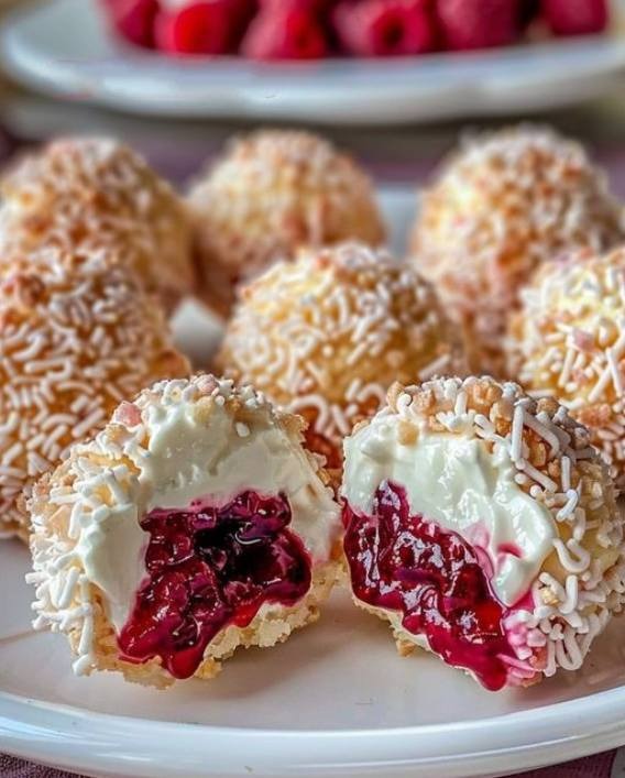Queste sono delle fantastiche palline di crema di formaggio al lampone