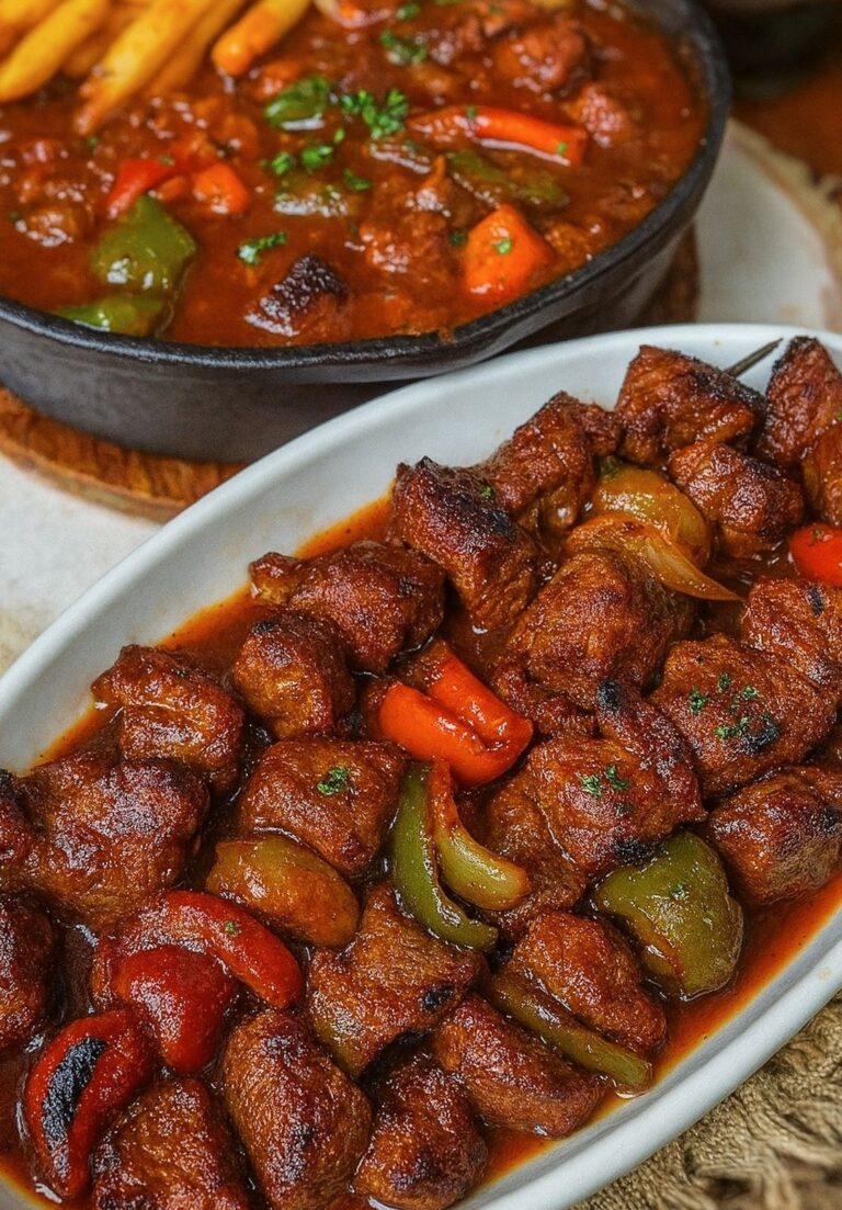 Pentola di shish kebab dal forno, sostanziosa, succosa e piena di amore per il forno