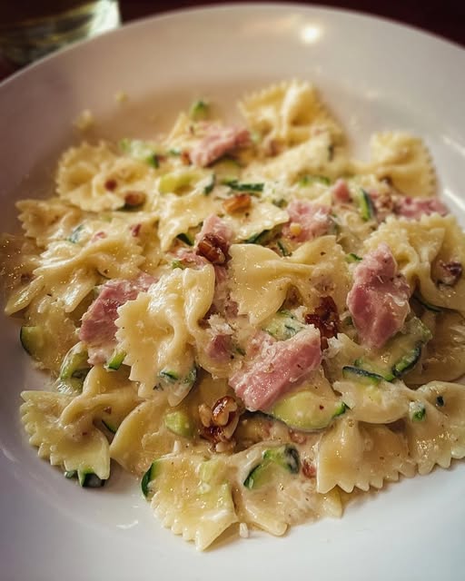 Farfalle con zucchine, prosciutto cotto, Philadelphia e noci