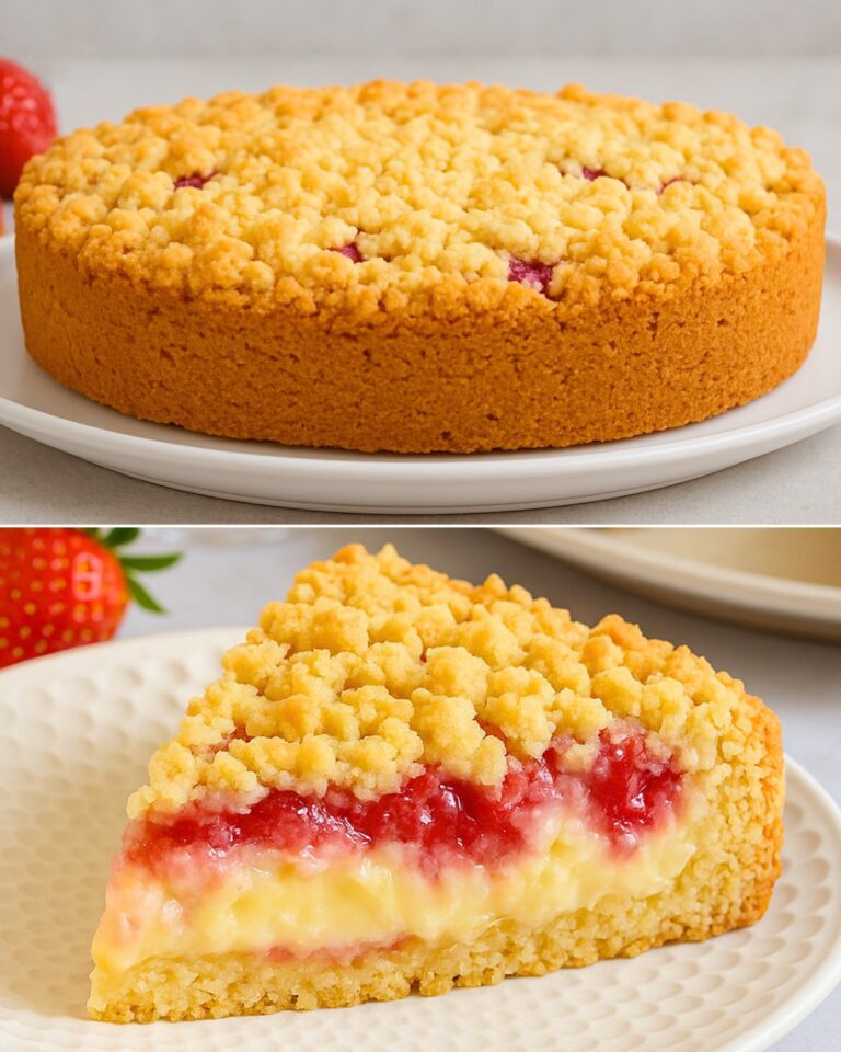 Torta sbriciolata al budino di fragole, molto umida e con tanto budino, preparata in un lampo!
