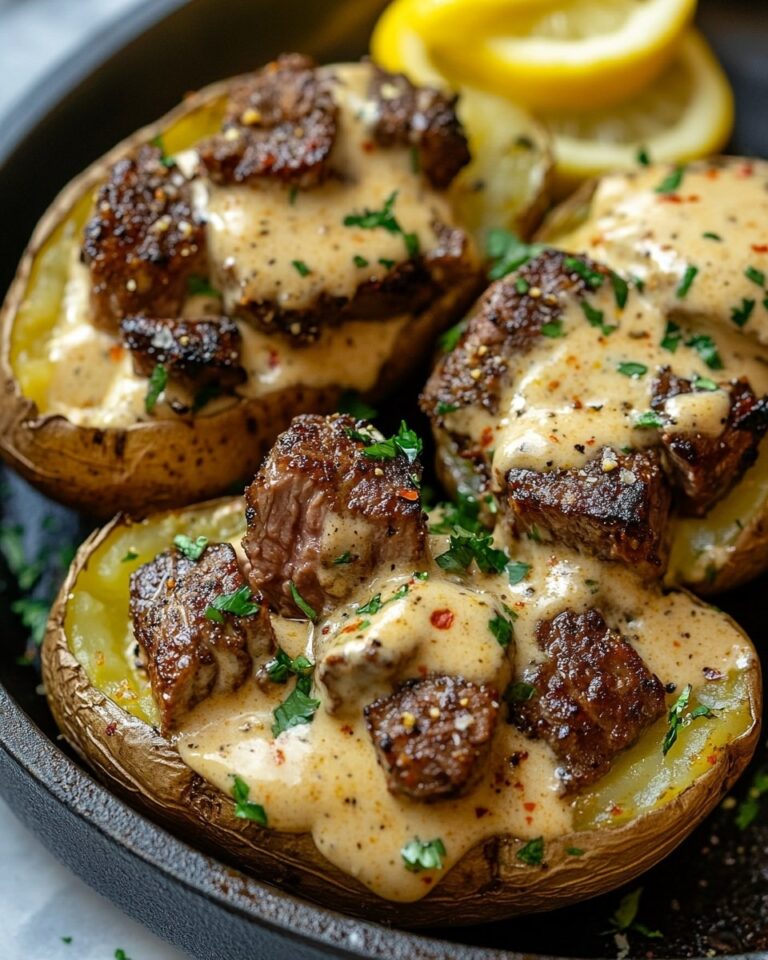 Patate al forno ripiene di bistecca con salsa cremosa al parmigiano