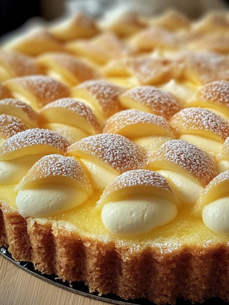 Crostata al limone con scaglie di panna e "cappelli" di pan di Spagna