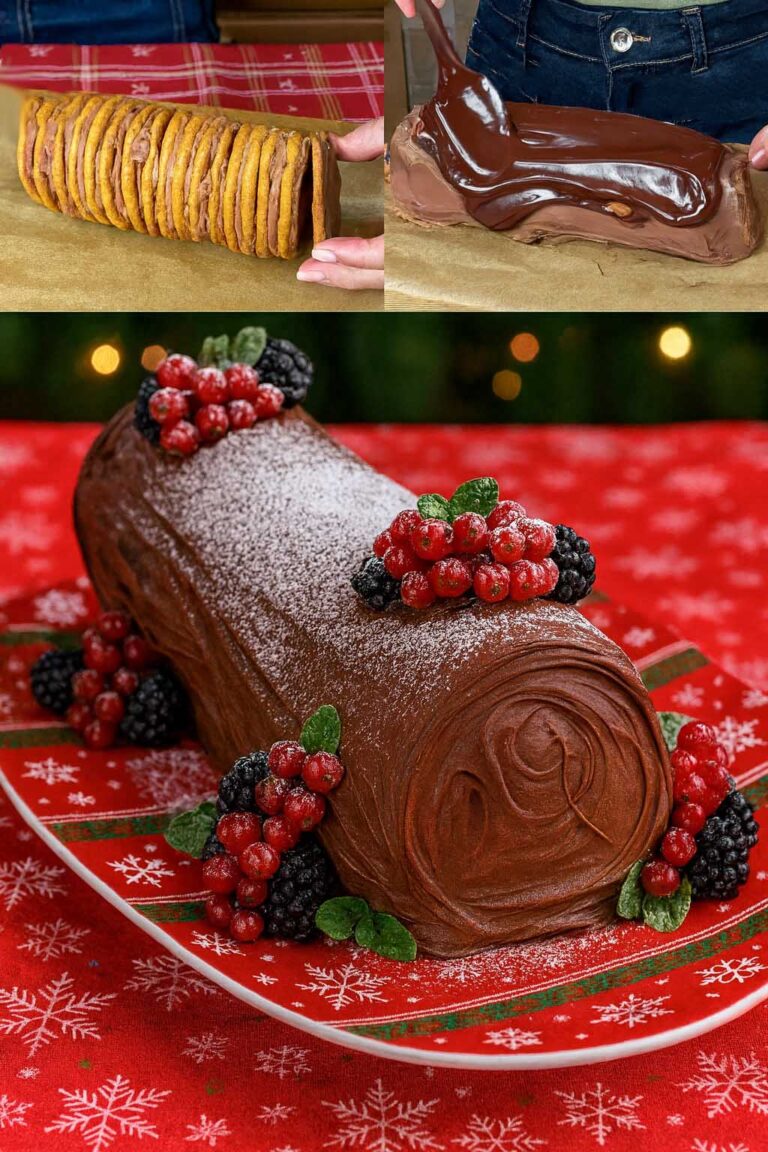 Sembra un dolce da pasticceria, ma l’ho fatto in 10 minuti: il tronchetto senza cottura che mi salva ogni Natale (solo biscotti, crema e cioccolato)