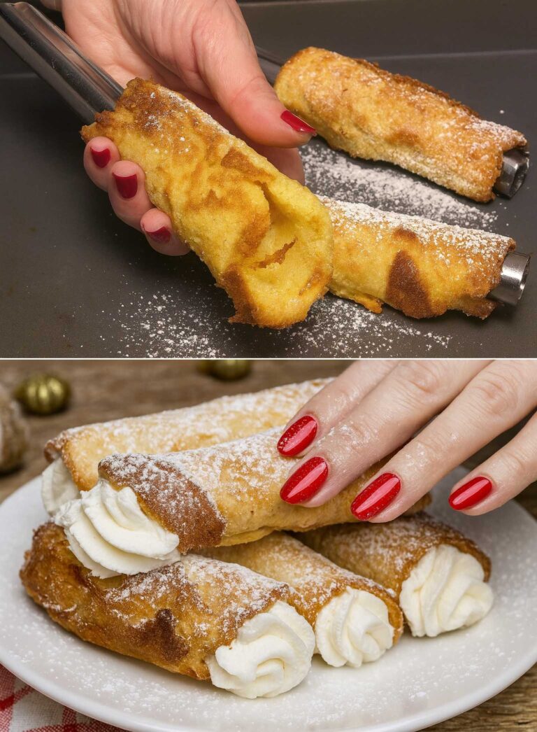 A Capodanno porto sempre questi: cannoli fatti con il pandoro, ripieni di crema e così buoni che finiscono prima del brindisi.