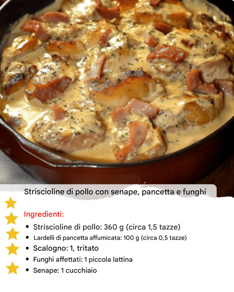 Striscioline di pollo con senape, pancetta e funghi