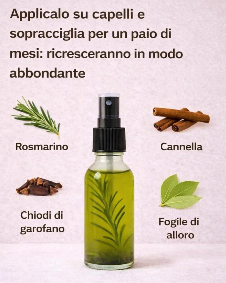 ✨ Il segreto naturale per capelli forti e luminosi ✨ Un concentrato di ingredienti semplici ma incredibilmente efficaci, perfetti per prendersi cura dei capelli in modo naturale 🌿  🌿 Il rosmarino favorisce la crescita 🌸 I chiodi di garofano proteggono grazie ai loro antiossidanti 🍃 L’alloro rinforza e dona lucentezza 🌰 La cannella stimola la circolazione del cuoio capelluto  👉 Prepararlo è facilissimo: fai bollire gli ingredienti, filtra e utilizza il liquido come spray direttamente sulle radici. Usato con costanza, regala capelli più forti, sani e pieni di vitalità ✨